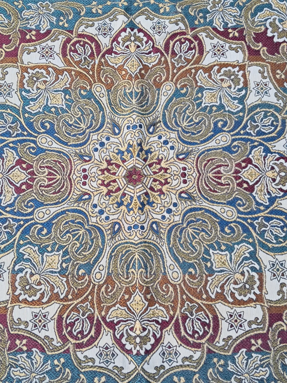 ​Vtg Jacquard Tapestry Table Cover Square Medallion Boho Burgundy Blue Fringe